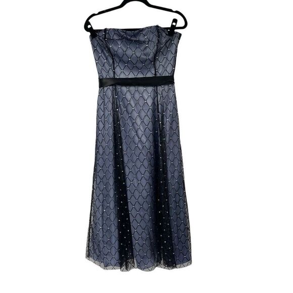 Adrianna Papell Black Mesh Sequin Overlay‎ Blue Strapless Midi Formal Dress Sz 8 - Picture 1 of 11
